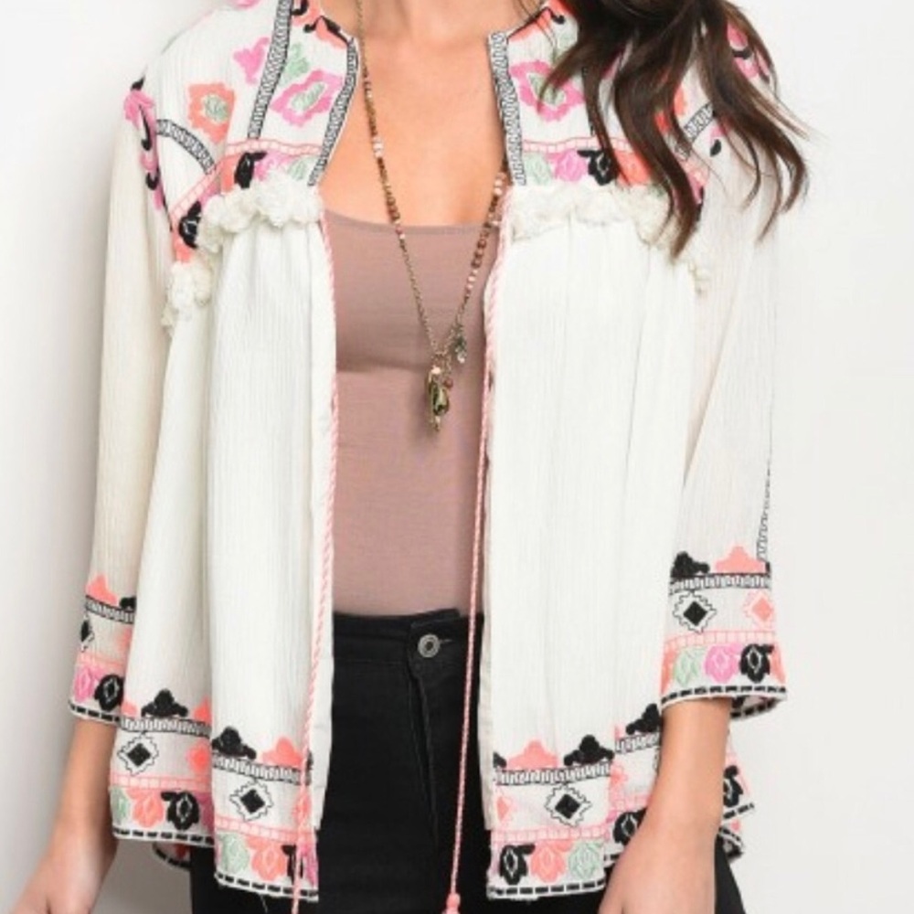 White Embroidered Tribal Tassel Jacket
